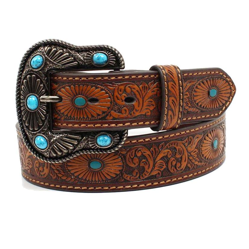  Nocona Womens Brown Leather Oval Embossed Turquoise Painted Belt