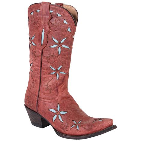 Stetson Womens Red Leather & Blue Floral Underlay Cowgirl Boots