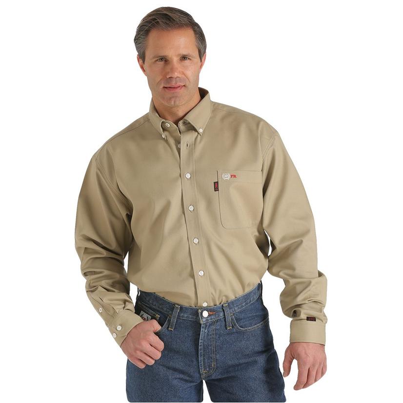  Cinch Mens Fire Resistant Khaki Solid Long Sleeve Button- Down Shirt