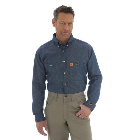 Wrangler Mens Flame Resistant Denim Long Sleeve Button Down Shirt