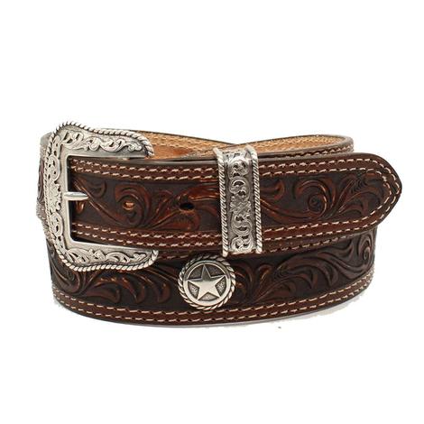 Nocona Mens Brown Leather Tooled with Star Concho Belt