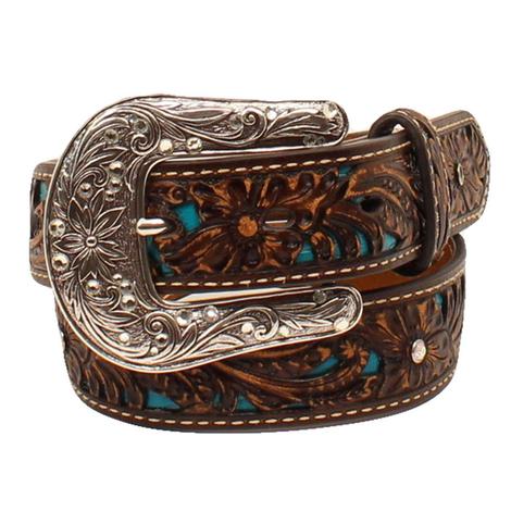 Dark Brown Leather Kids Belt with Turquoise Inset and Silver Buckle
