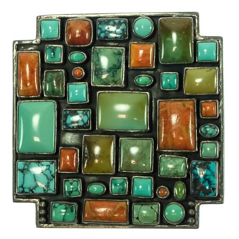 Turquoise and Precious Stone Geometric Buckle and Leather Belt