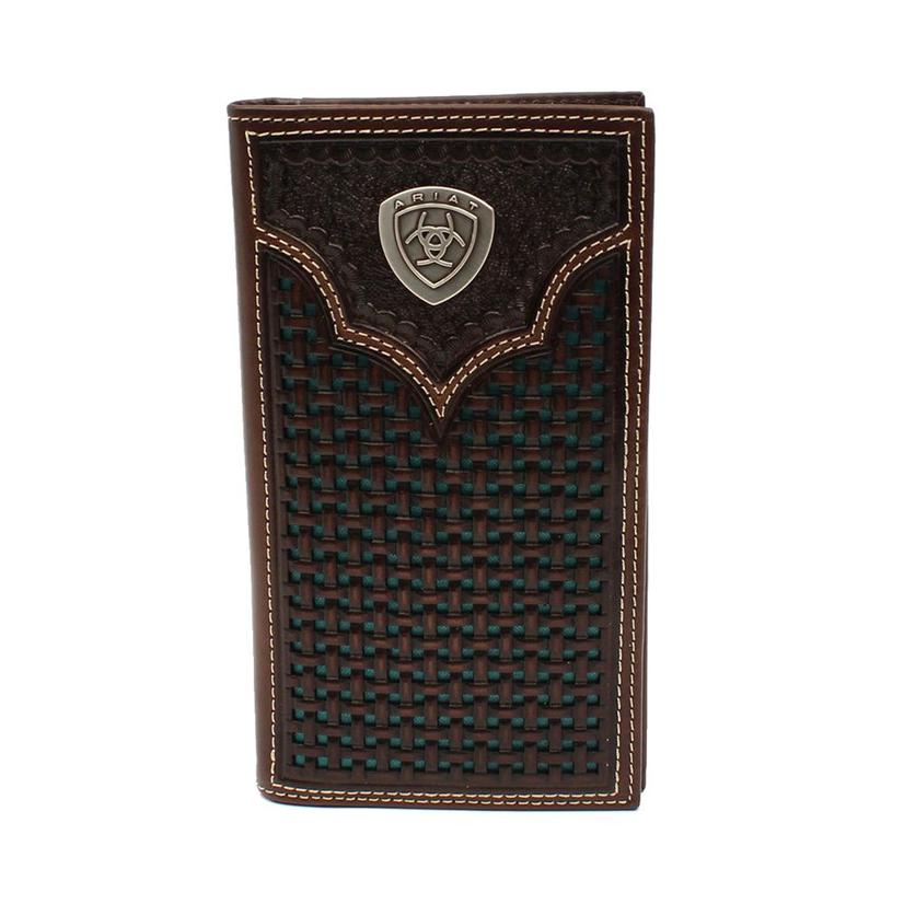  Ariat Basketweave Tooled Dark Brown Leather Bifold Wallet