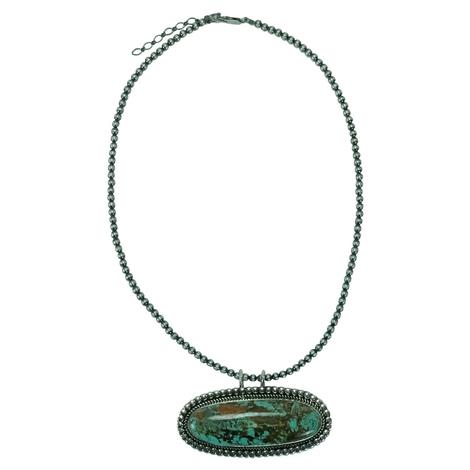 Turquoise Oval Dark Green Brown Pendant with Navajo Pearl Trim