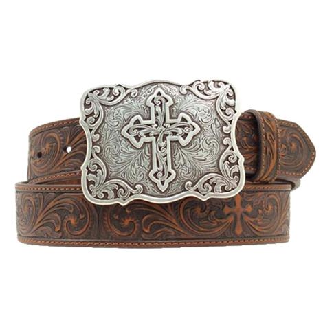 Nocona Cross and Scroll Tooled Women's Belt with Silver Cross Buckle