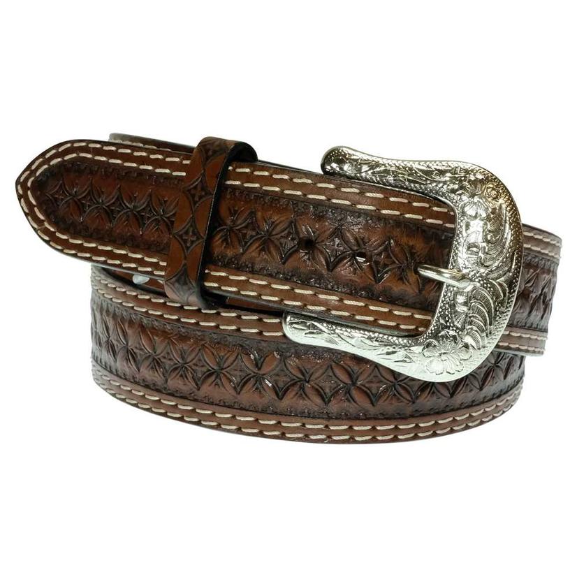 Brown Tooled Double Stitch Men's Belt
