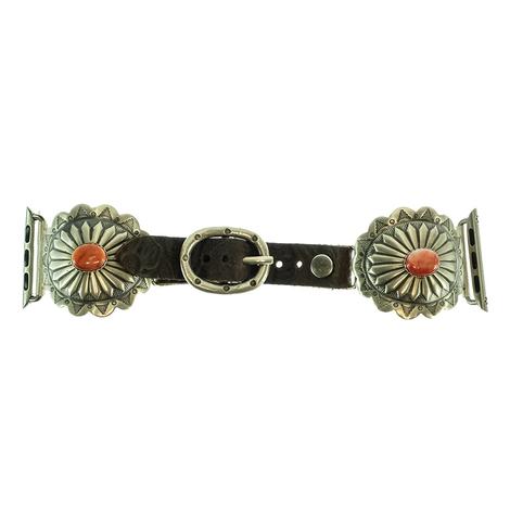 Large Silver Concho with Coral Stones Leather Watchband