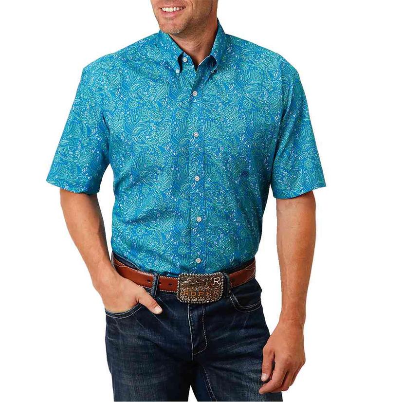 Blue Paisley Print Short Sleeve Buttondown Men's Shirt by Roper