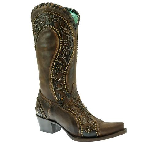 Corral Brown Overlay with Crystal Studs Women's Boots