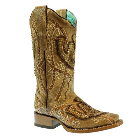 Corral Straw Horseshoe Embroidered with Crystal Studs Women's Boots