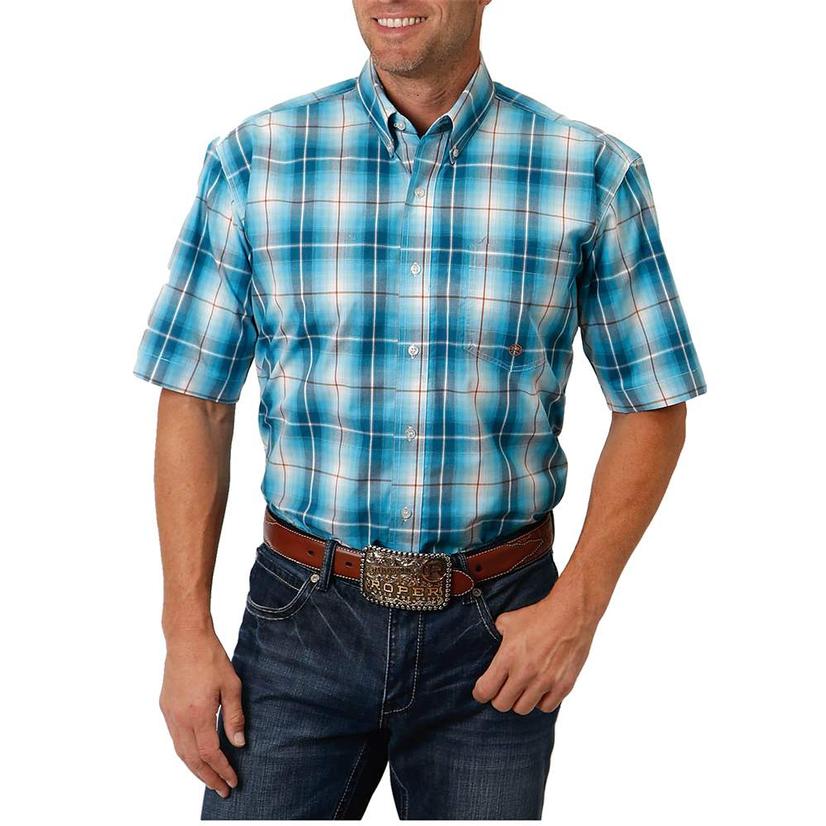 Blue Plaid Short Sleeve Buttondown Men's Shirt by Roper