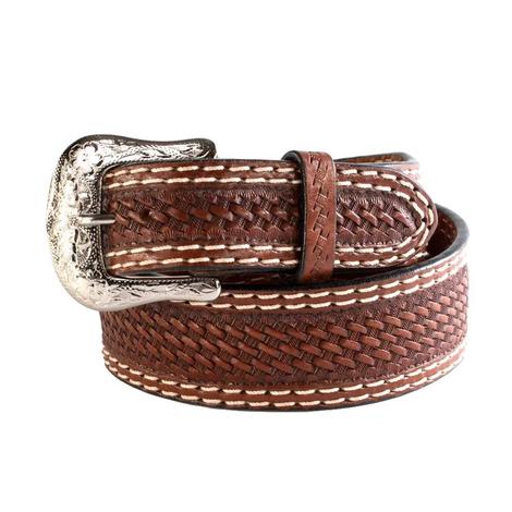 Brown Basketweave White Double Stitched Men's Belt