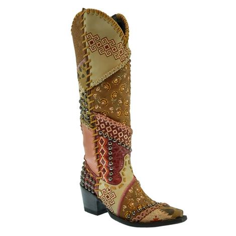 Double D Ranch Tall Blowout Beige Pink Women's Patchwork Boots