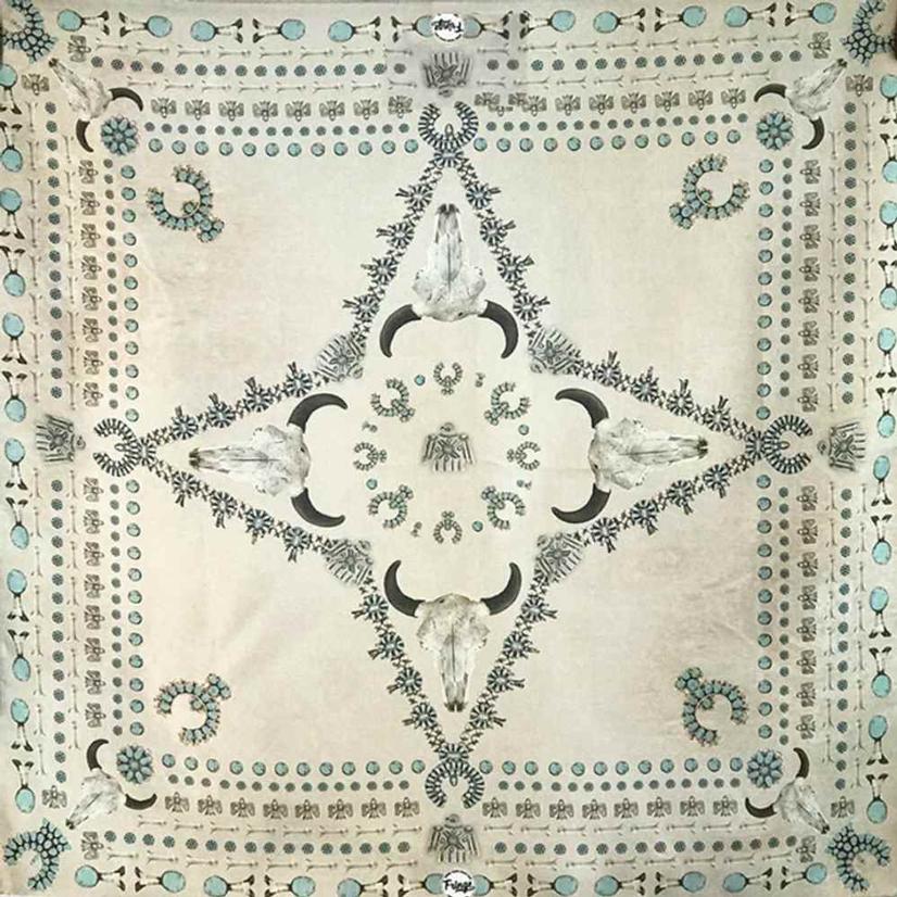  Antiqued Bone And Turquoise Squash Blossomed Wild Rag 35x35