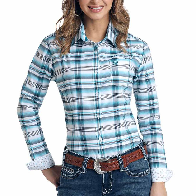 Womens Turquoise Plaid Button Down Long Sleeve Shirt By Panhandle