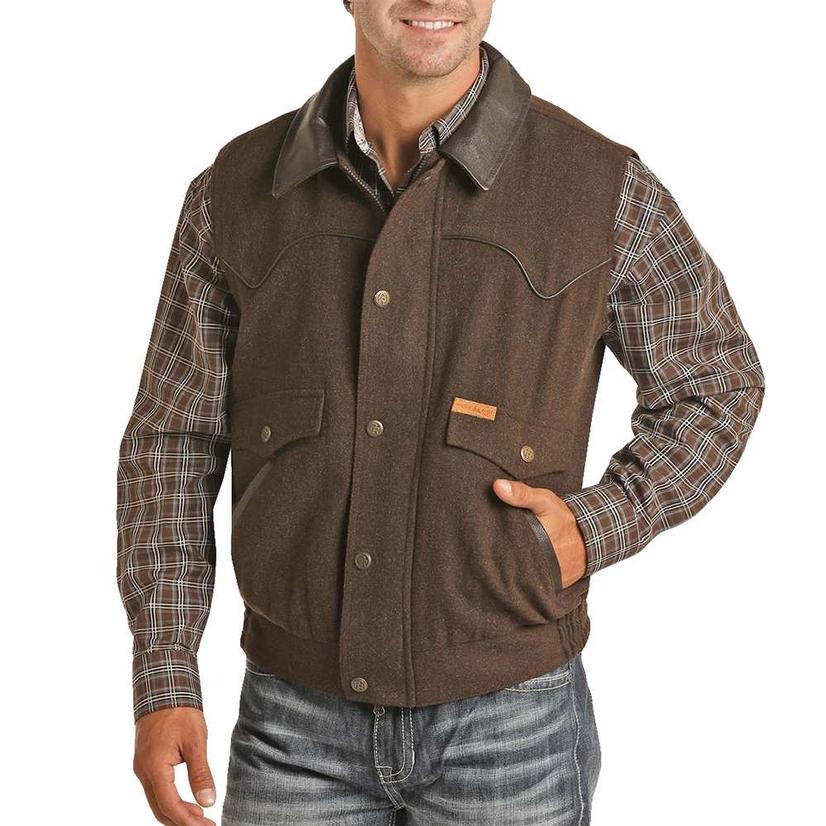 Heather Brown Leather Collar Men's Powder River Wool Vest