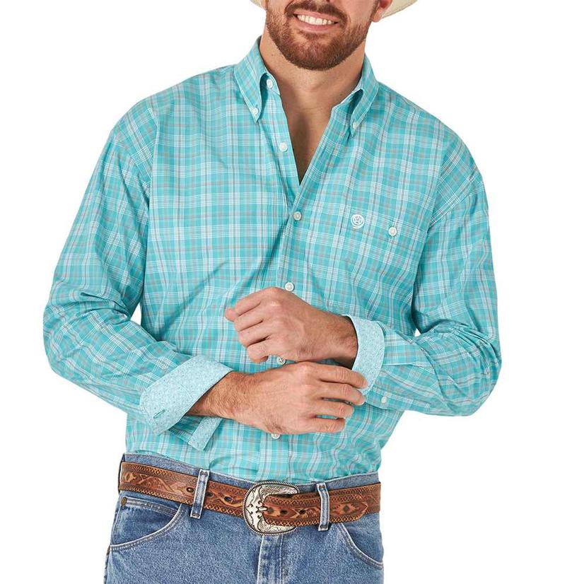 Turquoise Plaid Long Sleeve Buttondown Men's Shirt by Wrangler