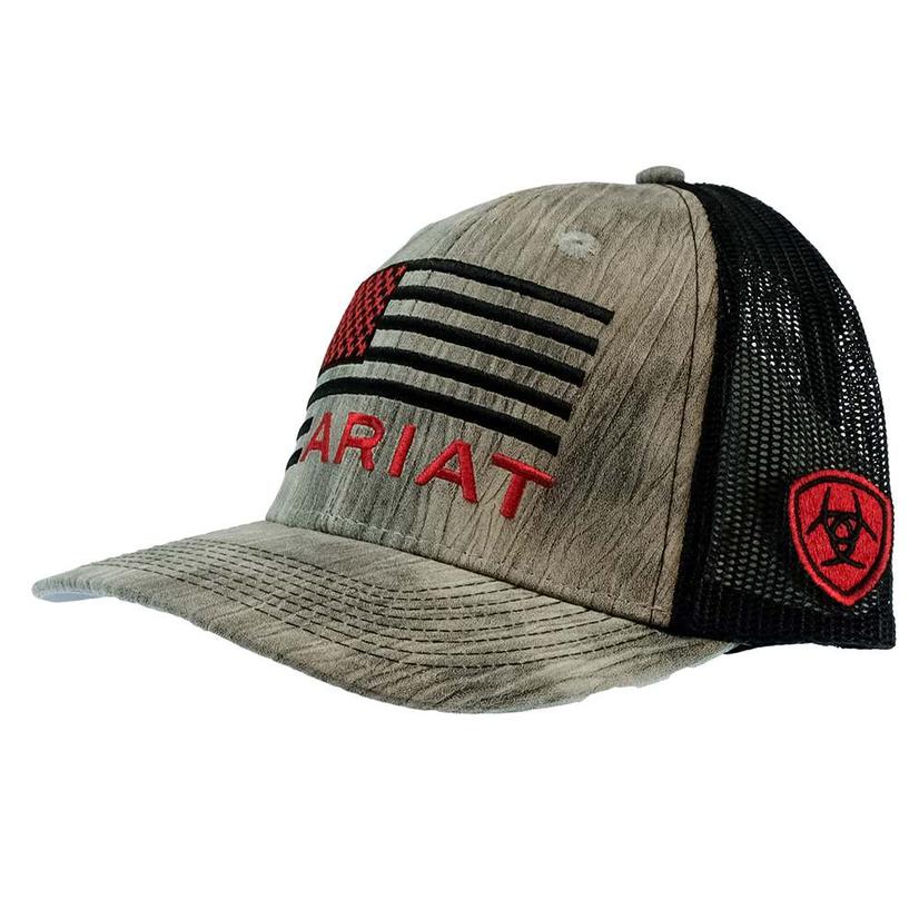  Ariat Grey And Black With Red Black Flag Embroidery Meshback Cap
