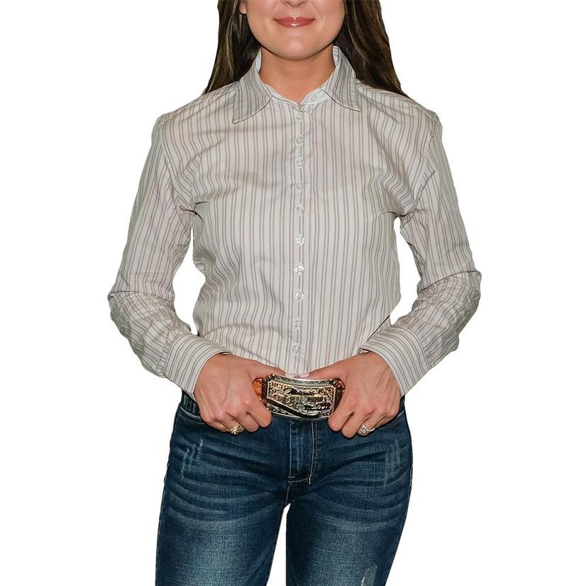  South Texas Tack Ladies Long Sleeve Pima Cotton Shirts - Tan And Brown Stripes