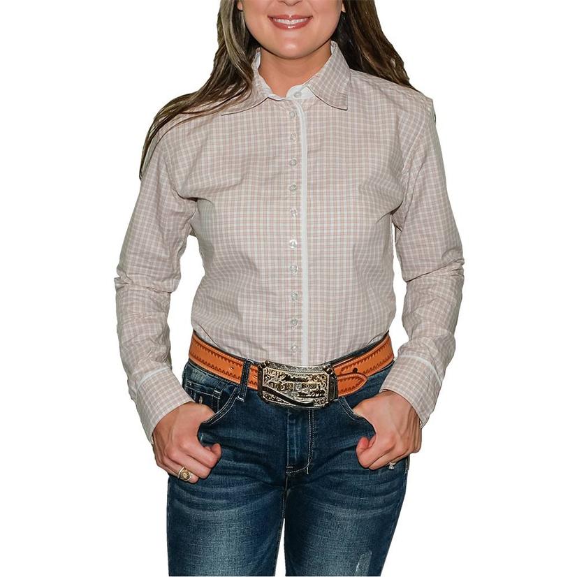  South Texas Tack Ladies Long Sleeve Pima Cotton Shirts - Classic Pastel Peach And White Checks