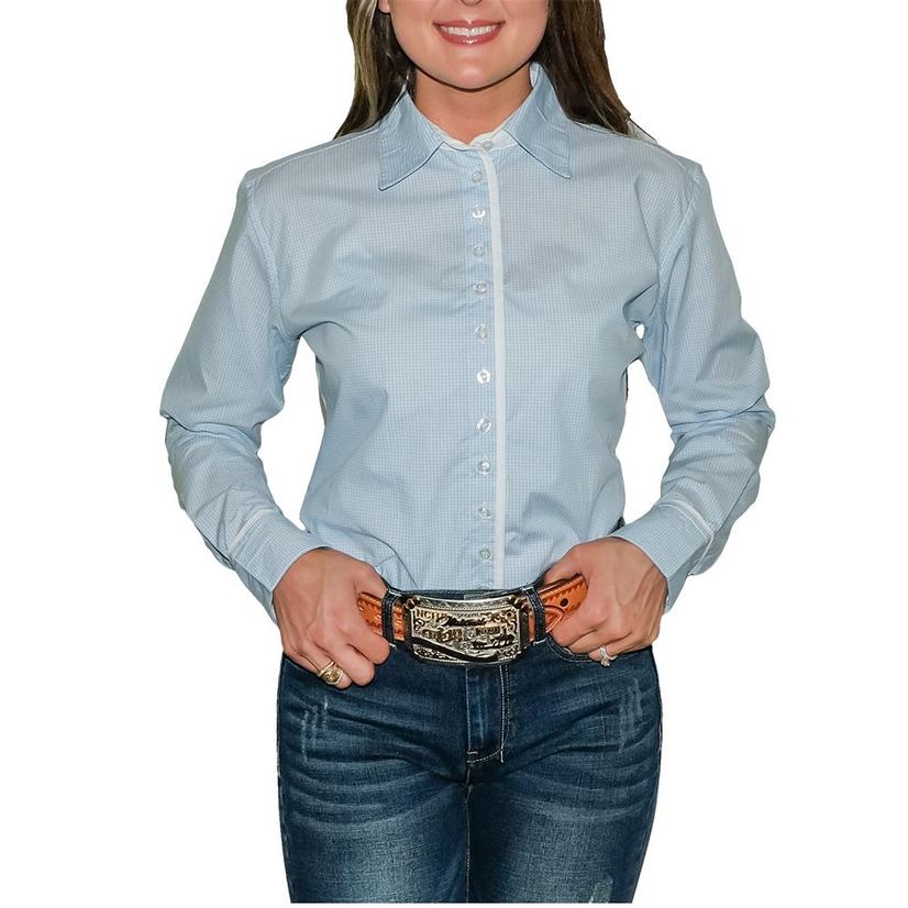  South Texas Tack Ladies Long Sleeve Pima Cotton Shirts - Classic Blue And White Checks