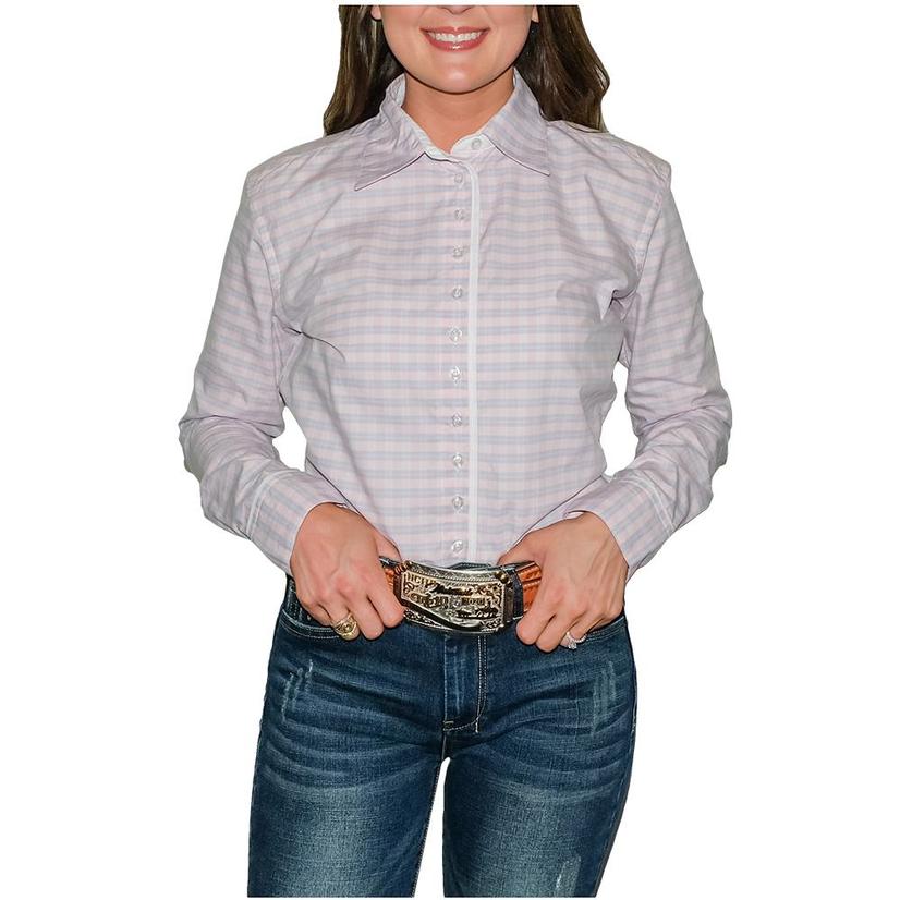  South Texas Tack Ladies Long Sleeve Pima Cotton Shirts - Classic Blue And Pink Checks