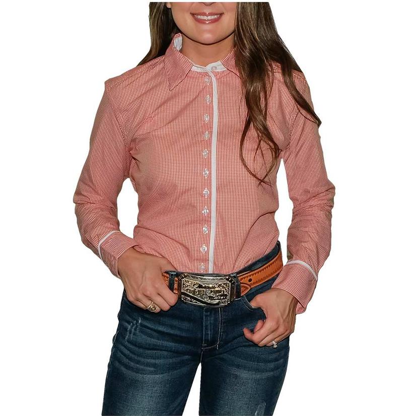  South Texas Tack Ladies Long Sleeve Pima Cotton Shirts - Classic Orange And White