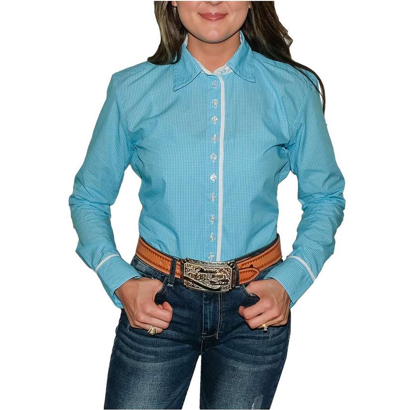  South Texas Tack Ladies Long Sleeve Pima Cotton Shirts - Classic Turquoise And White Check