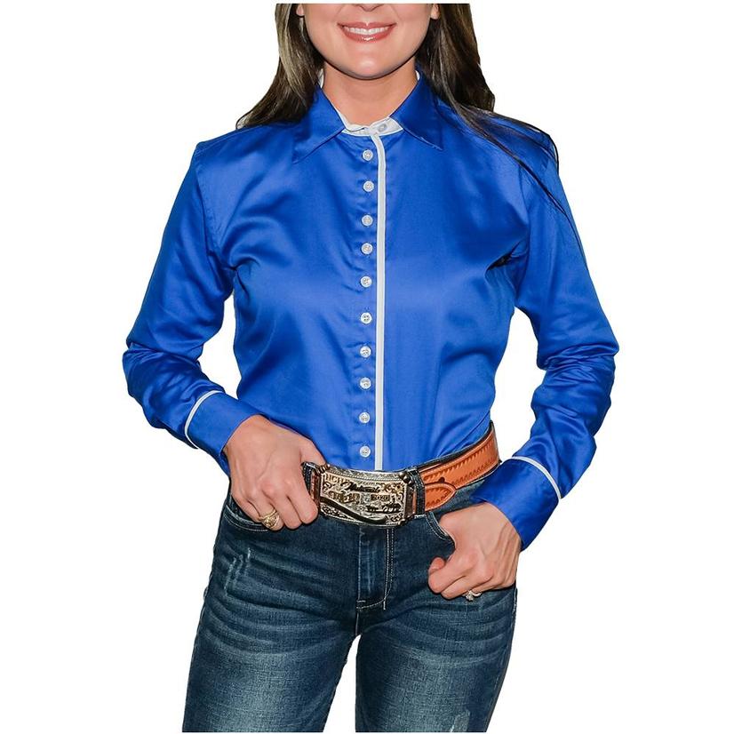  South Texas Tack Ladies Long Sleeve Pima Cotton Shirts - Sateen Sheen Royal Blue