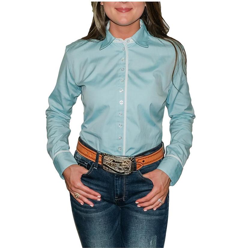  South Texas Tack Ladies Long Sleeve Pima Cotton Shirts - Pinpoint Turquoise Oxford