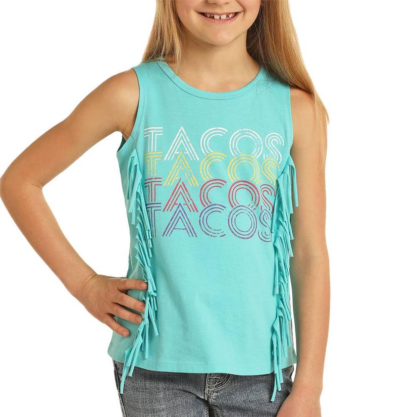  Rock And Roll Cowgirl Turquoise Tacos Fringe Girl's Tank