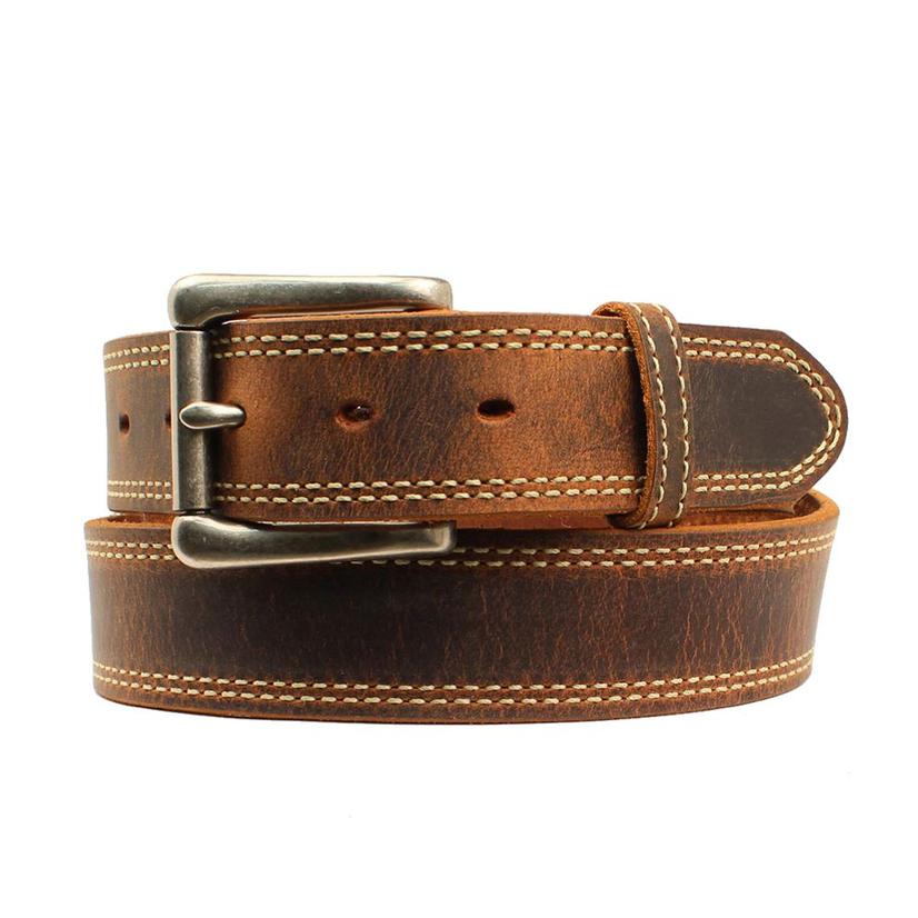 Medium Brown Distresed Double Stitch Men's Leather Belt by Nocona