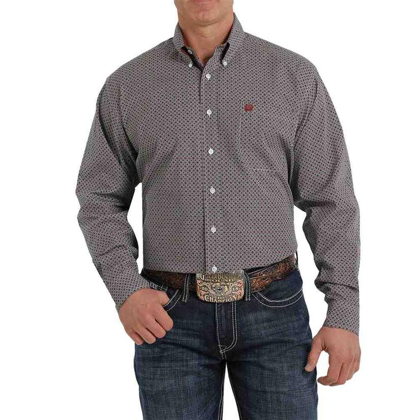  Cinch White And Maroon Print Long Sleeve Buttondown Men's Shirt