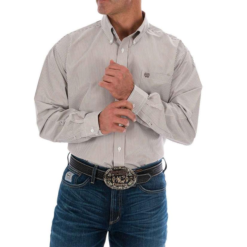  Cinch Khaki Stripe Long Sleeve Button- Down Men's Shirt