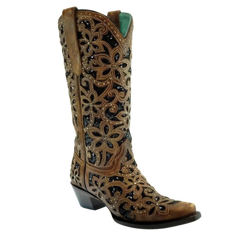  Corral Black Inlay Embroidered Studded Women's Boots