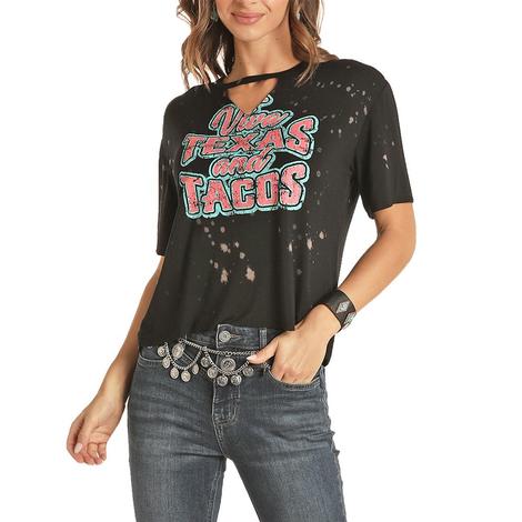 Rock and Roll Cowgirl Texas and Tacos Women's Black Tee
