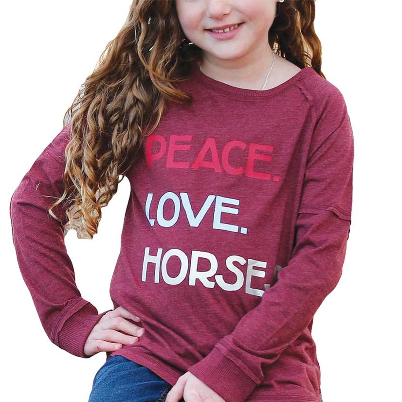  Cruel Girl Burgundy Peace Love Horses Long Sleeve Girl's Tee