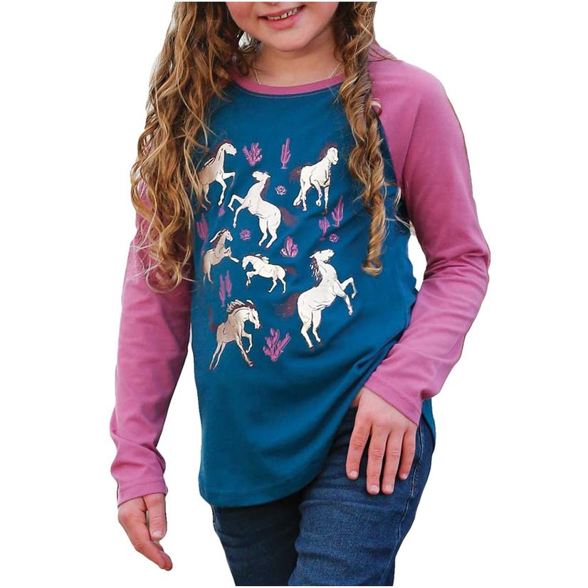  Cruel Girl Blue Fuchsia Horse Graphic Long Sleeve Girl's Shirt