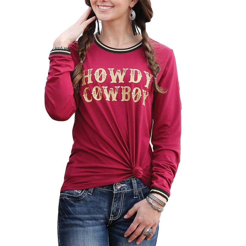  Cruel Girl Burgundy Howdy Cowboy Longs Sleeve Women's Shirt
