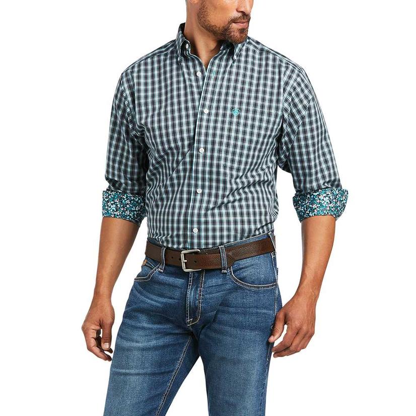  Ariat Blue Plaid Fitted Long Sleeve Buttondown Men's Shirt