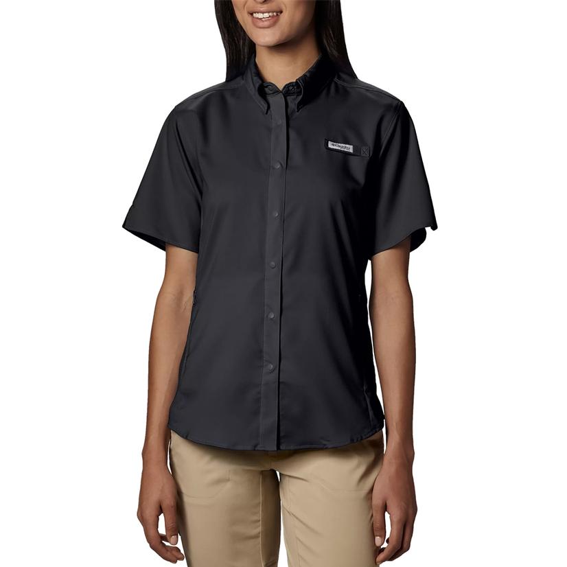  Columbia Tamiami Ii Pfg Black Short Sleeve Button Front Women's Shirt