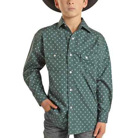 Rock & Roll Cowboy Teal Geo Print Long Sleeve Snap Boy's Shirt