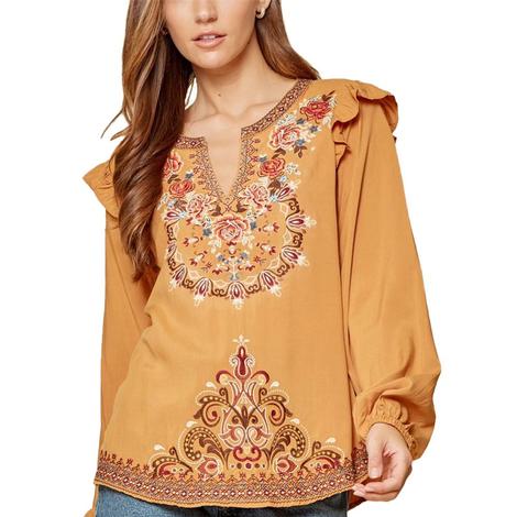 Savanna Jane Marigold Solid Embroidered with Ruffle Seem Women's Blouse