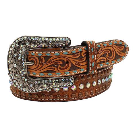3D Hand Tooled and Painted Feather Women's Belt