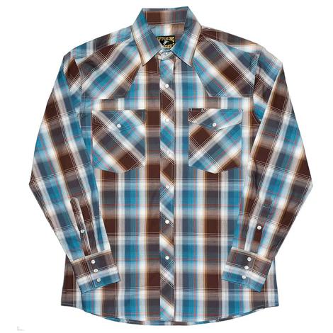 Wyoming Traders Blue and Brown Plaid Long Sleeve Snap Men's Shirt