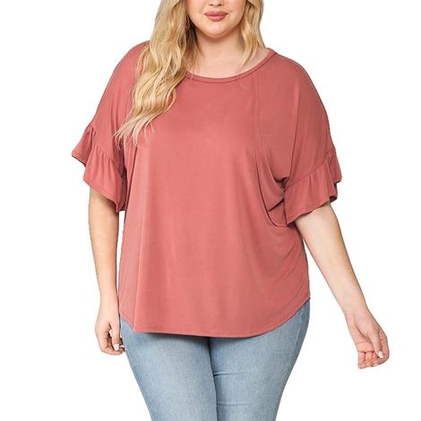 Gigio Rose Clay Solid Knit Ruffle Sleeve Women's Plus Size Top 