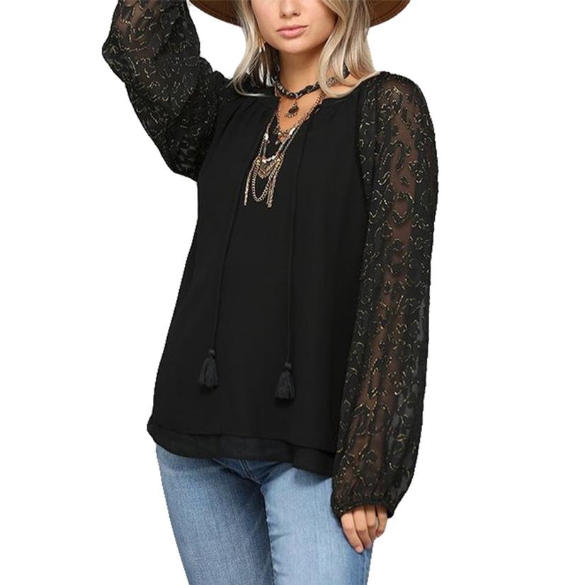  Gigio Black Double Layer And Foil Pattern Sleeve Women's Top