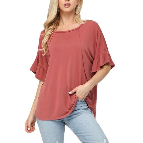 Gigio Rose Clay Cupro Modal Solid Knit Ruffle Sleeve Women's Top 