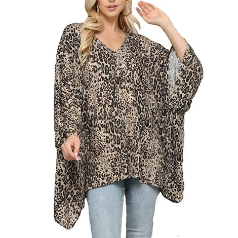 Gigio Taupe Leopard Printed Knit Button Down Poncho Women's Top 